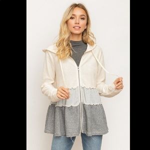 NWT Hem & Thread Layered Ruffled Grayscale Contrast Hooded Zip Up Jacket 1817